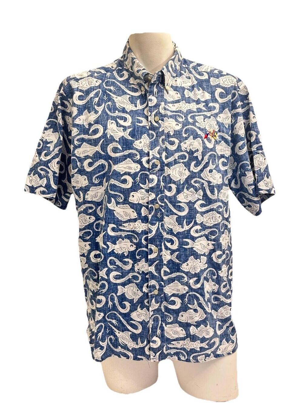 Vintage Reyn Spooner Shirt Mens XL Blue Hawaiian Fish AOP Embroidered Flags